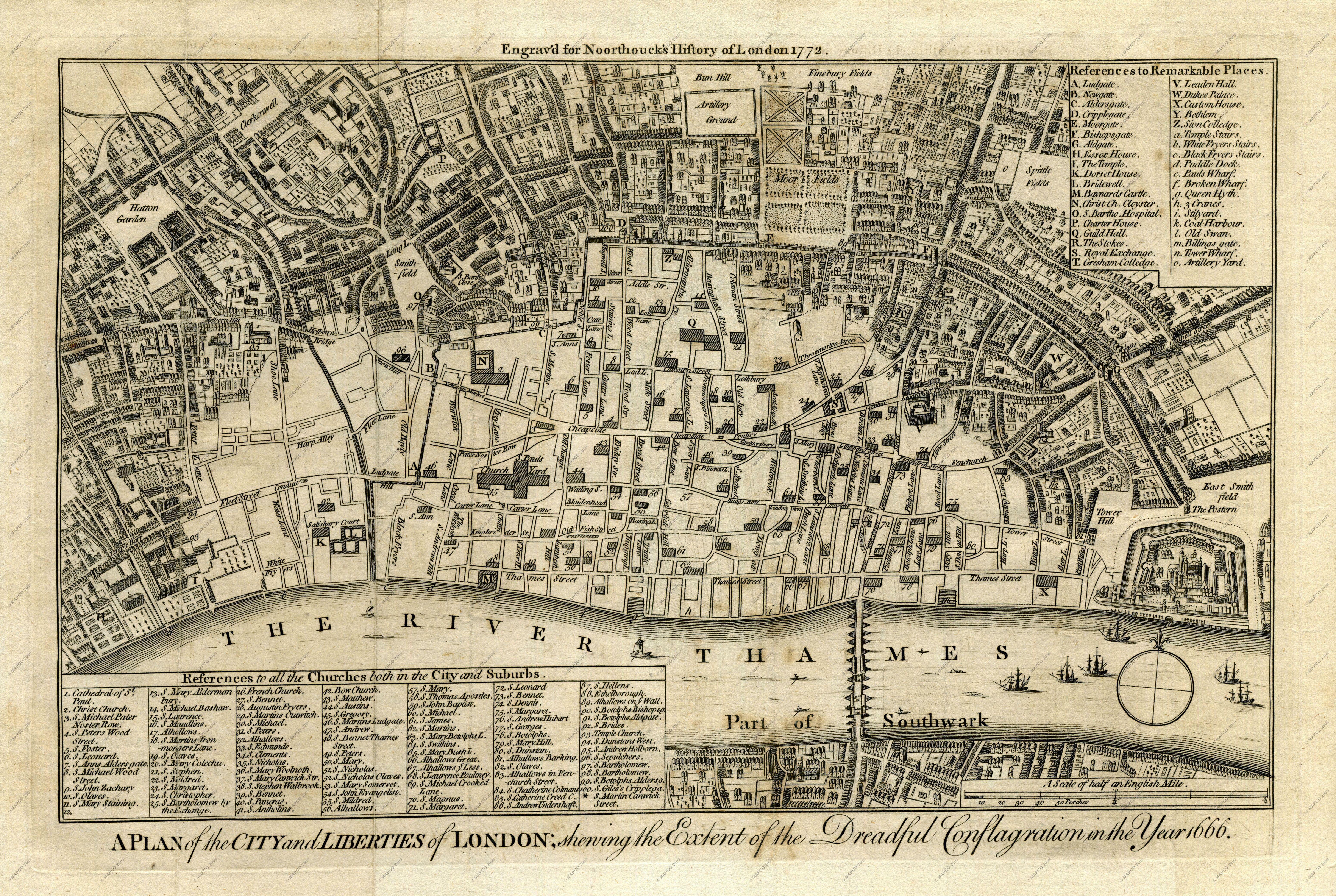 MAPCO Map And Plan Collection Online : Map Of The Great Fire Of London 1666.